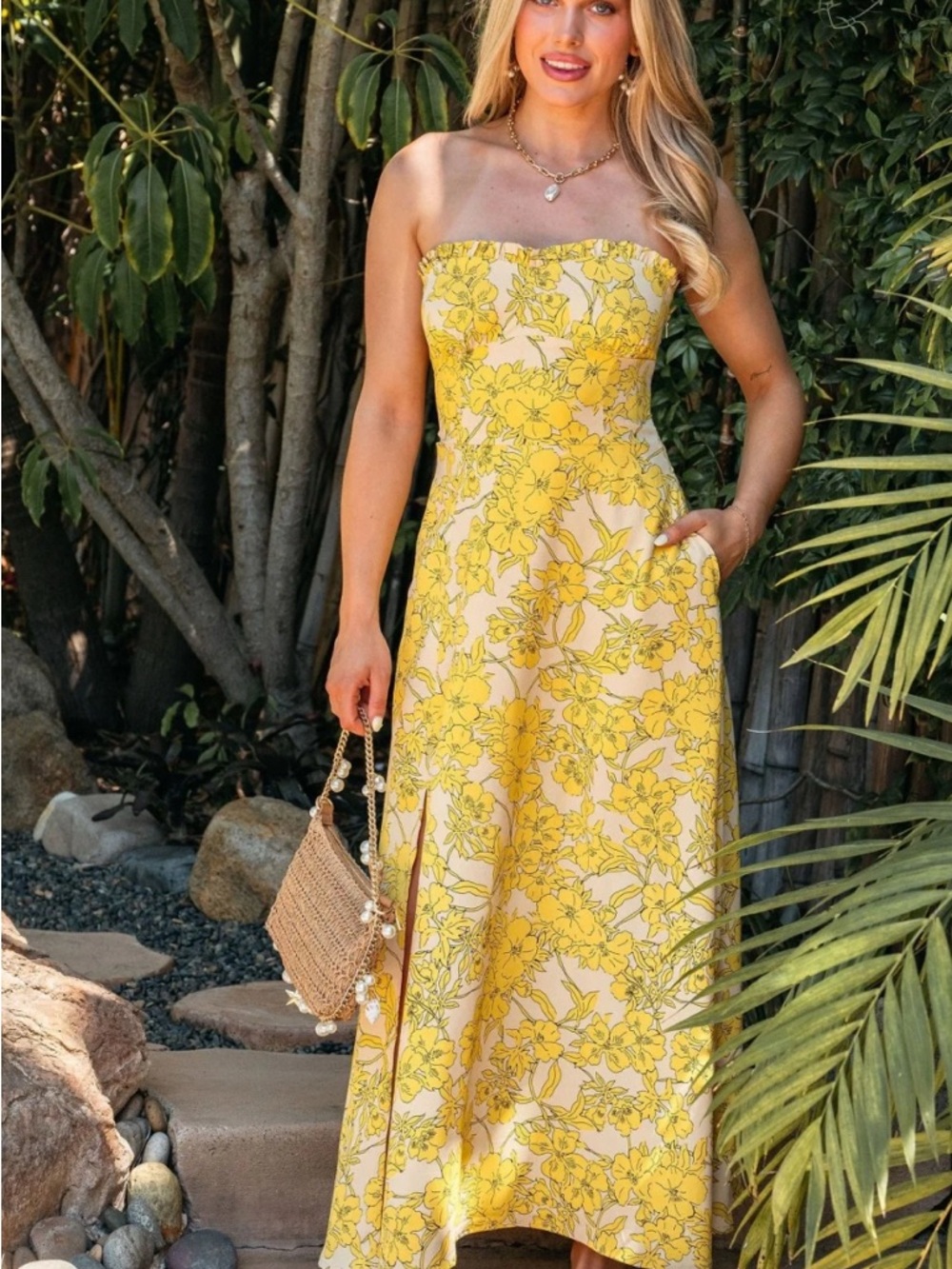 Sunny Yellow Strapless Floral Maxi Dress by